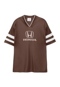 Bruine sporttrui met een V-halsontwerp, witte horizontale strepen op de mouwen en het Honda-logo prominent weergegeven op de voorkant.