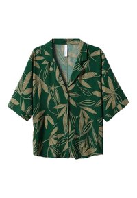 Grünes Kurzarmhemd mit einem goldenen Blättermuster, Kragen und lockerer Passform. Hergestellt aus glattem Stoff mit leichter Textur.