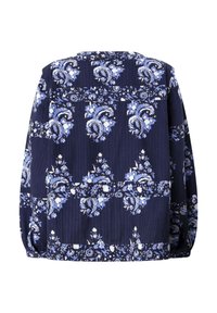 Marineblaue Jacke mit einem wiederholenden Blumen-Paisley-Muster in Blau- und Weißtönen, mit langen Ärmeln und entspannter Passform.
