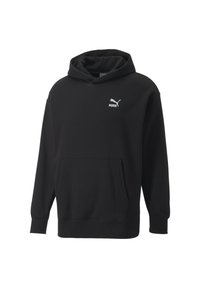 Hanorac negru dintr-un amestec de bumbac, cu o buzunar frontal, manșete și tiv ribbate și un logo alb Puma pe piept.