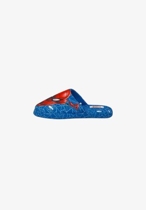 Pantofole blu realizzate in materiale morbido, con un design di Spider-Man che presenta una maschera rossa e un motivo a ragnatela all'esterno. Profilo basso con suola imbottita.