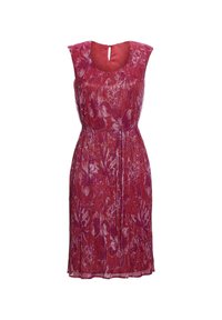 Ärmelloses, floral gemustertes Kleid in verschiedenen Rosatönen mit gerafftem Taillenbereich und einem Ausschnitt mit Schlüssellochdetail, aus leichtem, strukturiertem Stoff.