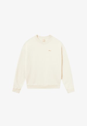 Crèmekleurige sweatshirt van zachte stof, met een ronde halslijn, geribbelde manchetten en een klein geborduurd logo op de borst.