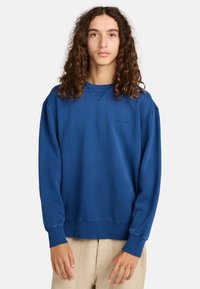 Blue sweatshirt made of cotton, featuring a crew neck, ribbed cuffs, and a subtle logo on the chest. Smooth texture with a relaxed fit.