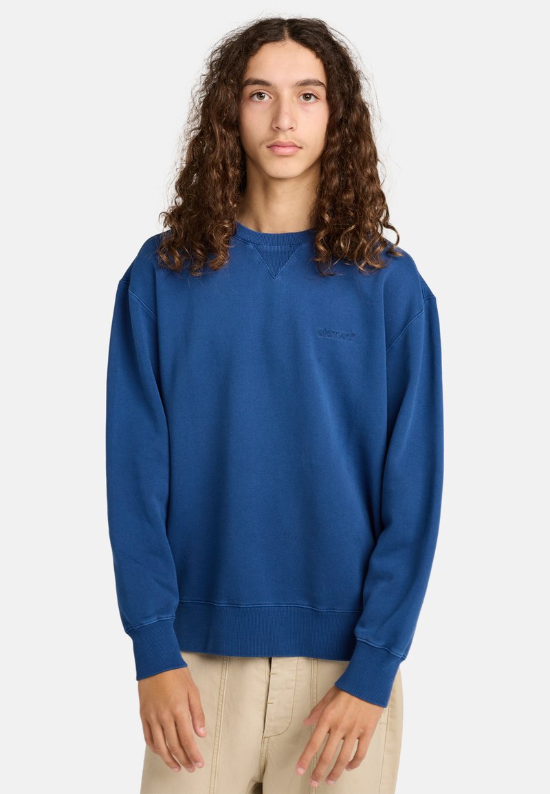 Blue sweatshirt made of cotton, featuring a crew neck, ribbed cuffs, and a subtle logo on the chest. Smooth texture with a relaxed fit.