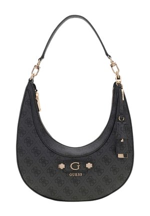 Sac à main Guess noir en forme de croissant avec motif monogramme, plaque logo dorée, fermeture éclair et bandoulière unique avec ferrures dorées.