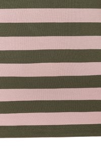 Baumwollstoff mit horizontalen Streifen in Olivgrün und sanftem Rosa. Glatte Textur, gleichmäßige Farbe und konsistente Breite der Streifen.