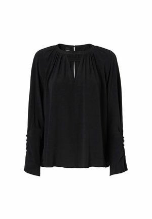 Blusa nera a maniche lunghe con vestibilità rilassata, dettagli plissettati sul collo e bottoni decorativi sulle maniche.