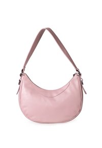 Borsa a spalla in pelle rosa chiaro con una forma curva, una sola tracolla e dettagli di cucitura discreti. Texture liscia e hardware minimale.