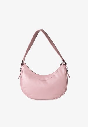 Weiche rosa Leder-Schultertasche mit geschwungener Form, einem einzelnen Tragegurt und dezenten Steppnähten. Glatte Textur und minimaler Hardware.