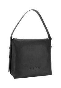 Borsa a spalla in pelle nera con texture liscia, forma rettangolare, tracolla regolabile e chiusura con zip. Presenta il marchio impresso sul davanti.