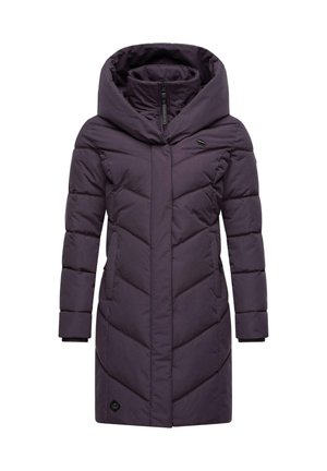 Purple puffer coat with a hood, featuring a front zipper and chevron quilting. Includes side pockets and ribbed cuffs for warmth.