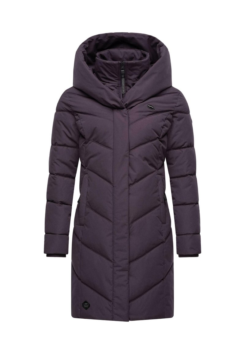Paarse pufferjas met capuchon, voorzien van een rits aan de voorkant en chevron-quilting. Inclusief zijzakken en geribde manchetten voor extra warmte.