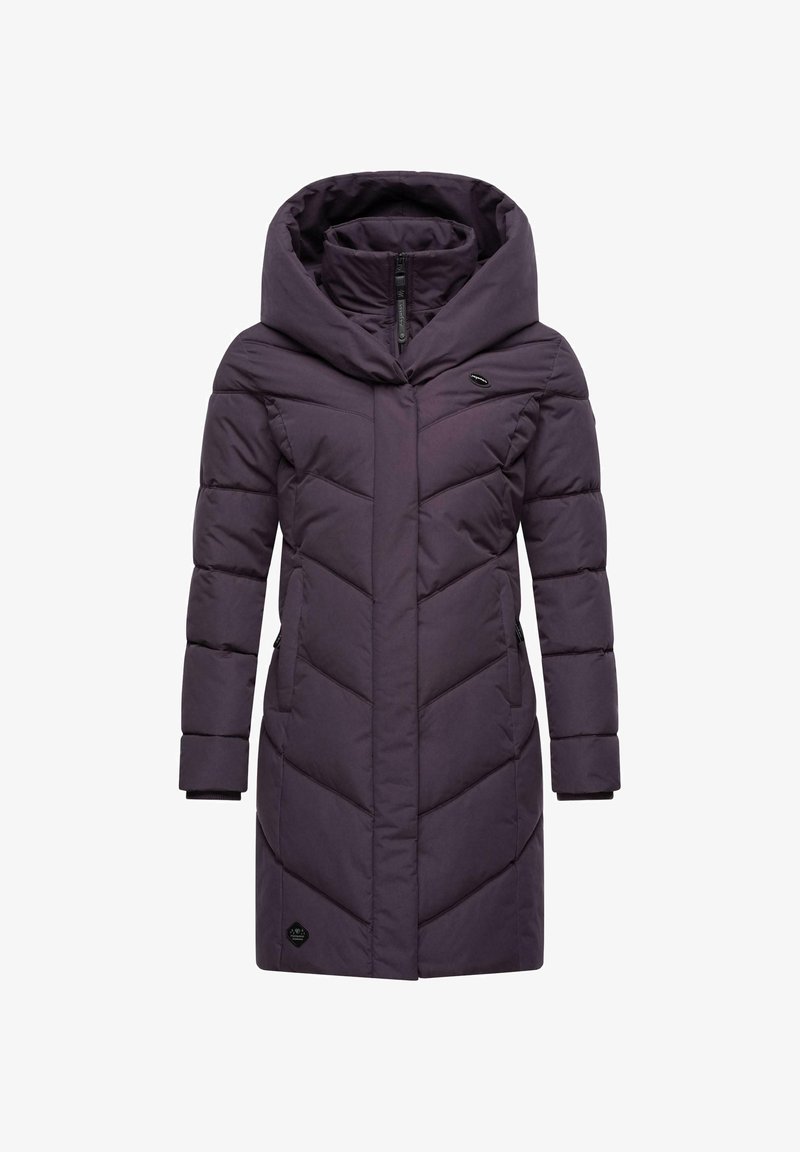 Paarse pufferjas met capuchon, voorzien van een rits aan de voorkant en chevron-quilting. Inclusief zijzakken en geribde manchetten voor extra warmte.