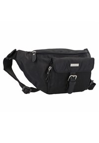 Sac banane en nylon noir avec sangle réglable, poche avant zippée et fermeture à pression magnétique. Il présente un tissu texturé et des accents en métal argenté.