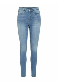 Oprijete jeans hlače v svetlo modrem denimu. Imajo srednje visok pas, pet žepov ter zadrgo in kovinsko gumbno zapiranje. Gladka tekstura.
