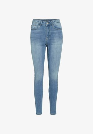 Chude dżinsy w jasnoniebieskim denimu. Posiadają średnio wysoką talię, pięć kieszeni oraz zamek błyskawiczny z metalowym zapięciem. Gładka struktura.