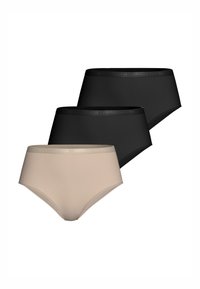 Tre paia di biancheria intima alta da donna: uno beige e due nere. Realizzate in tessuto morbido con bande vita sofisticate.