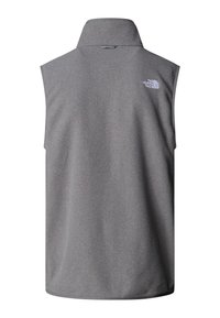 Grå ærmeløs fleece vest med høj krave. Blød tekstur og enkelt logo på venstre bryst. Rent design uden lukninger eller lommer.
