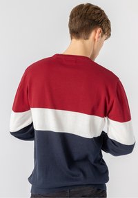 Pull à rayures rouges, blanches et bleu marine en tissu tricoté ; comporte un col rond et des manches longues, avec des blocs de couleur horizontaux à l'arrière.