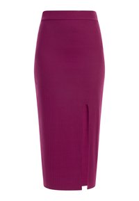 Figurbetontes, geripptes Bleistiftkleid in Fuchsia mit einem Schlitz bis zur Mitte des Oberschenkels. Nahtloser Taillenbund und strukturierter Stoff, der eine glatte Silhouette bietet.