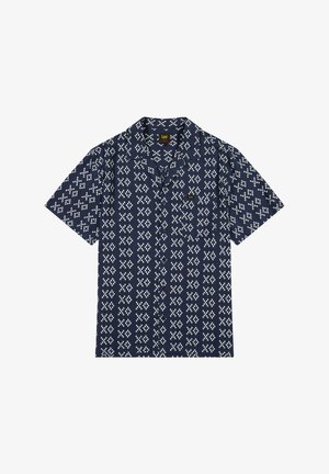 Short-sleeve navy shirt with white geometric pattern, button-up design, chest pocket, and soft cotton material.