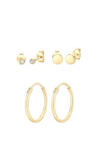 Goldfarbene Ohrring-Set mit zwei Stecker-Designs: eines mit einem klaren Stein und einer flachen Oberfläche sowie passenden goldenen Creolen.