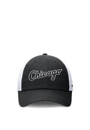 Black and white mesh baseball cap with the word "Chicago" embroidered in white cursive on the front panel.