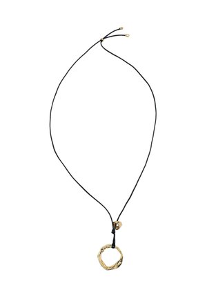 Black cord necklace featuring a textured, twisted gold metal pendant and adjustable sliding clasp for length customization.