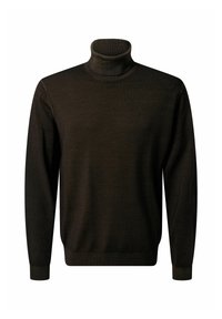 Dunkelbrauner Rollkragenpullover aus weichem Strickmaterial, mit taillierter Passform, gerippten Bündchen und hohem Kragen.