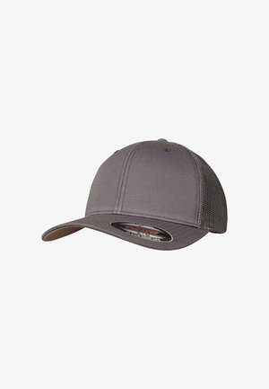 Casquette de baseball grise avec un devant en tissu solide et un dos en mesh. Dispose d'une visière courbée et d'une conception à ajustement flexible. Marquage simple sur le dessous.
