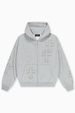 Γκρι φούτερ με φερμουάρ και κουκούλα με κορδόνι, με κεντήματα σε ανοιχτό χρυσό χρώμα σε σχέδια σταυρού. Με μπροστινή τσέπη και ριμπ μανσέτες. Υφή απαλού υφάσματος.