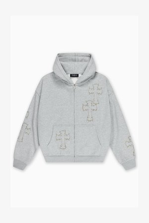 Γκρι φούτερ με φερμουάρ και κουκούλα με κορδόνι, με κεντήματα σε ανοιχτό χρυσό χρώμα σε σχέδια σταυρού. Με μπροστινή τσέπη και ριμπ μανσέτες. Υφή απαλού υφάσματος.