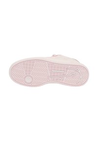 Lys rosa sneakers�åle med en teksturert, mønstret såle som har et sirkulært design og en logoomriss på siden.