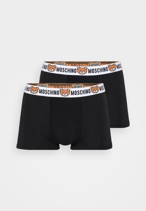 Boxeri negri cu o bandă albă care prezintă un grafic cu un urs și textul "Moschino". Material neted și design ajustat. Set de două piese.