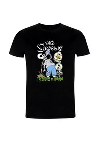 T-shirt noir arborant des squelettes de dessin animé et des graphismes vibrants avec le texte "Le Manoir de l'Horreur des Simpsons" en vert et blanc.