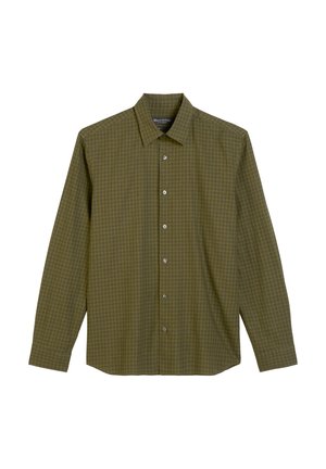 Button-up overhemd in olijfgroen met een geruit patroon. Heeft een puntige kraag, lange mouwen en metalen knopen. Lichtgewicht stof.