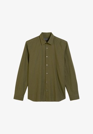 Camicia abbottonata in verde oliva con motivo a quadri. Presenta un colletto a punta, maniche lunghe e bottoni metallici. Tessuto leggero.