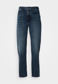Dark blue straight-leg jeans with front button and zip closure, five-pocket design, and subtle fading on thighs and knees.