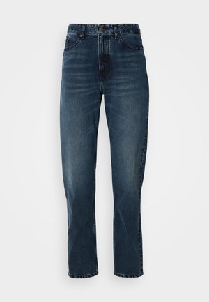 Jeans dritti blu scuro con chiusura frontale a bottone e zip, design a cinque tasche e leggeri sbiadimenti su cosce e ginocchia.