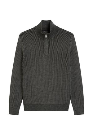 Dark gray ribbed sweater featuring a high collar with a half-zip closure. The fabric has a consistent texture and snug fit.