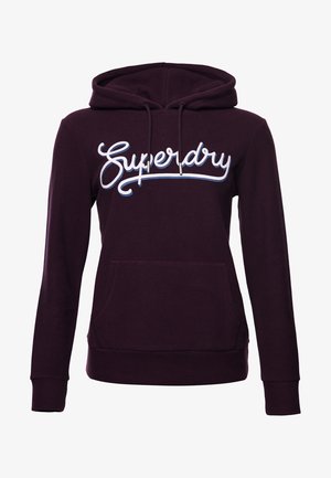 Sudadera con capucha de color granate hecha de algodón, con un bolsillo delantero; presenta un gran logo bordado "Superdry" en azul en el pecho.