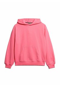 Felpa rosa realizzata in morbido cotone, con tasca a marsupio frontale, polsini a costine e un design semplice senza motivi visibili.