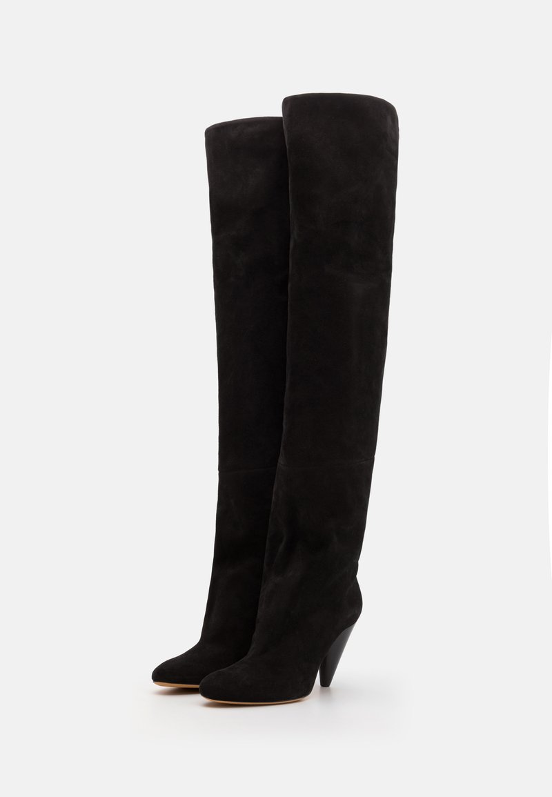 Black suede over-the-knee boots with a pointed toe and a high, tapered heel, featuring a smooth texture and sleek design.