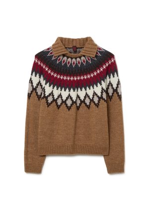 Suéter de punto marrón con un cuello alto y un diseño geométrico colorido que presenta acentuaciones en rojo, blanco, gris y negro. Acabado texturizado.
