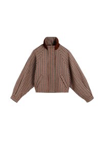 Chaqueta a cuadros marrón y blanca con mangas largas, cuello alto, cremallera frontal y bolsillos laterales en ángulo.