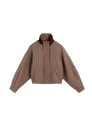 Chaqueta a cuadros marrón y blanca con mangas largas, cuello alto, cremallera frontal y bolsillos laterales en ángulo.