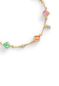 Gold-tone bracelet featuring colored lettered blocks (A, B, O) and two clear gemstones, linked with delicate chain for a playful design.