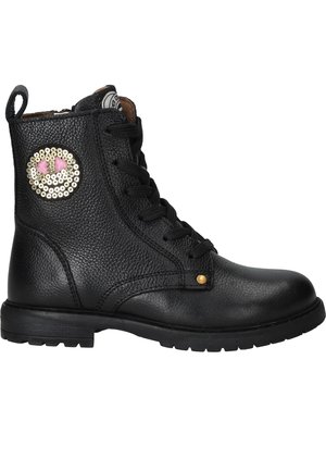 Black leather ankle boot with textured finish, lace-up design, round toe, and decorative sequin smiley patch on the side.
