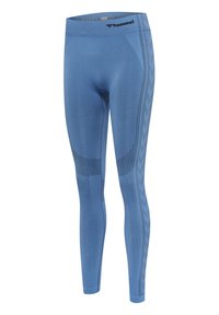Blaue nahtlose Sportleggings mit strukturierten Mustern an Oberschenkeln und Seiten, mit einem "hummel"-Logo am Bund.